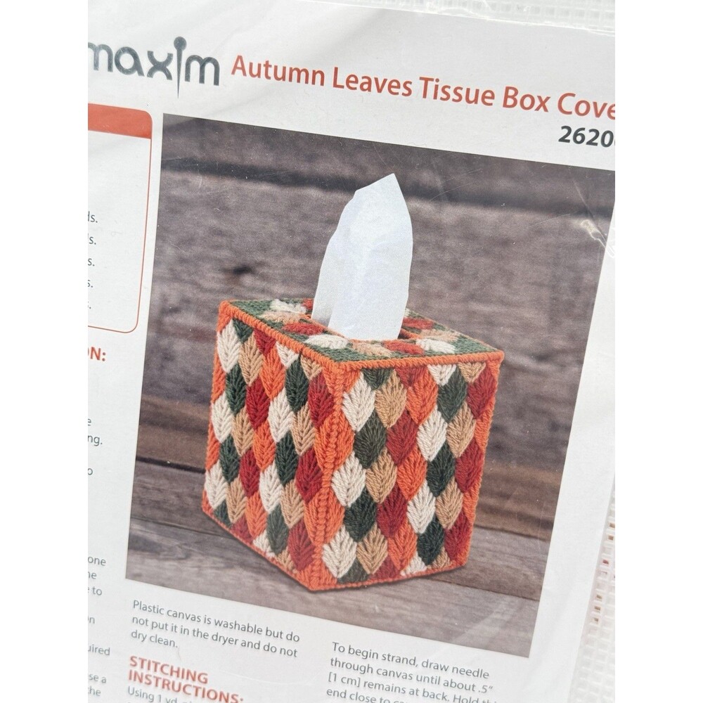Mary Maxim Autumn Leaves Tissue Box Cover Kit 26206‎ Retro  Needlepoint VTG
